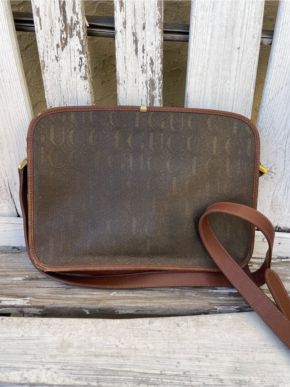 Gucci Vintage GG Monogram Canvas Crossbody Messenger Bag Brown Leather Trim - Picture 2 of 13